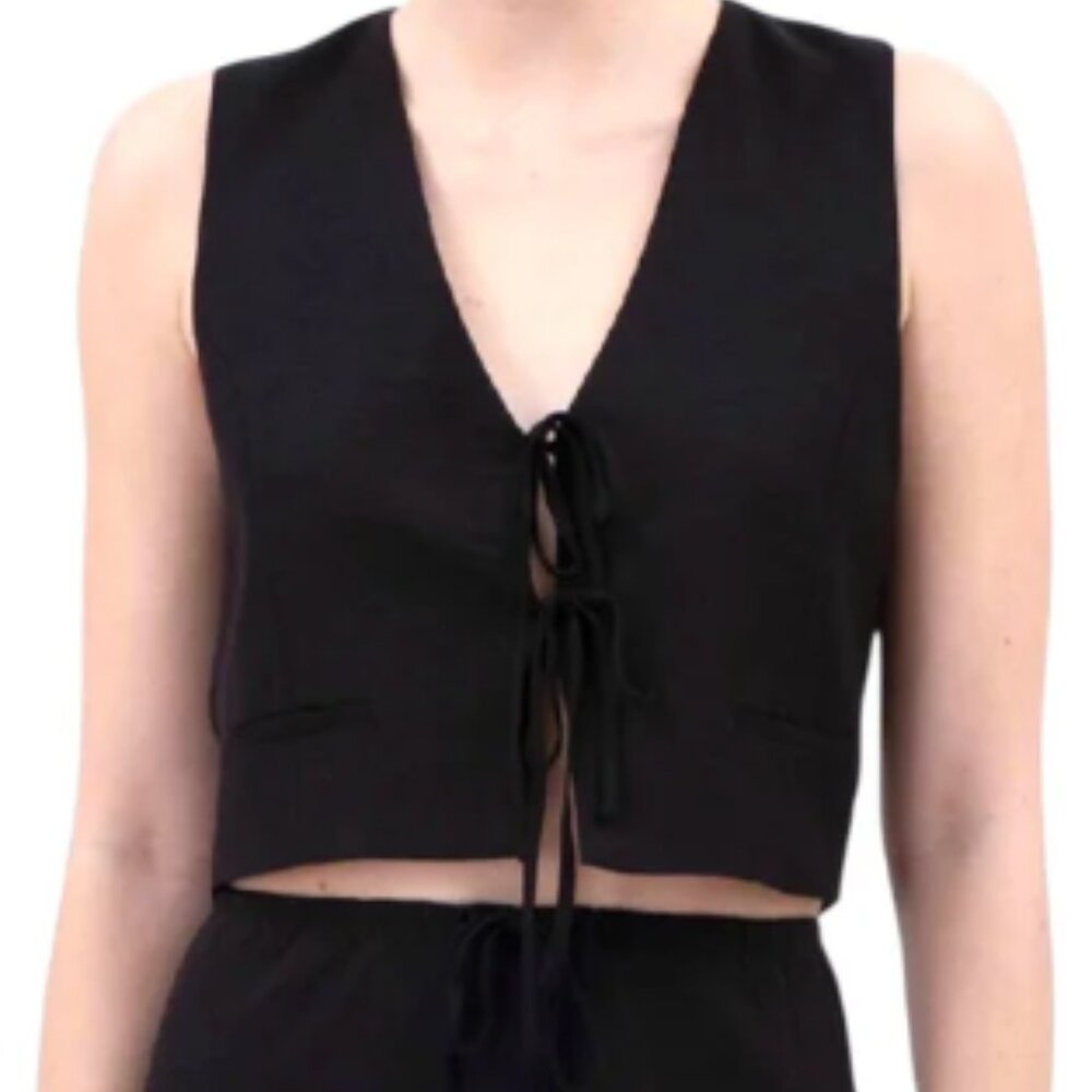 Black V Neck Front Tie Cropped Linen Vest